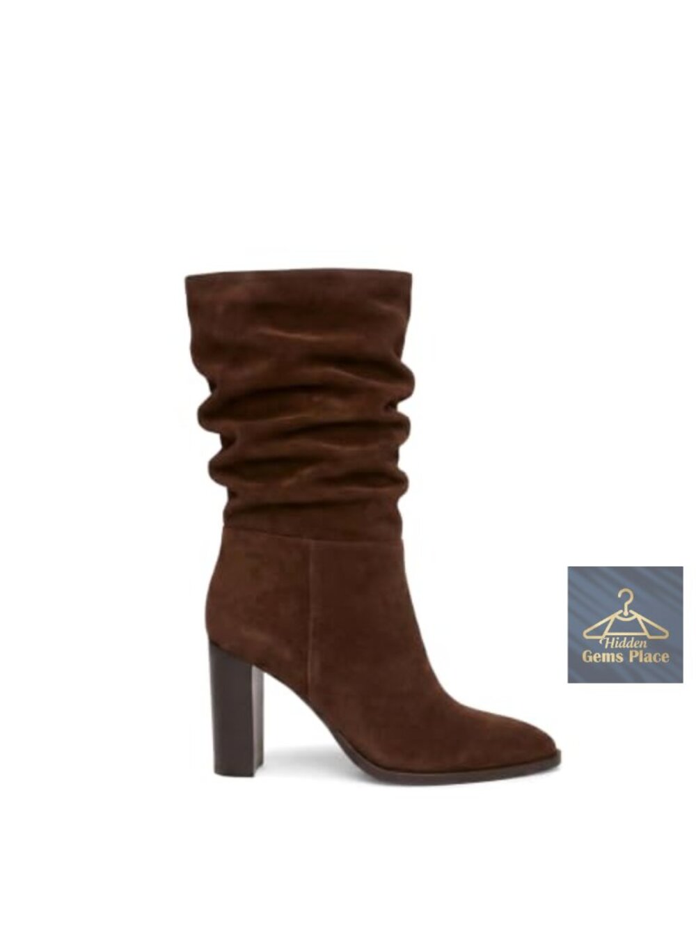 Suede Mid Calf Slouch Boots Chunky Block Heel Pointed Toe Zip Up Women's